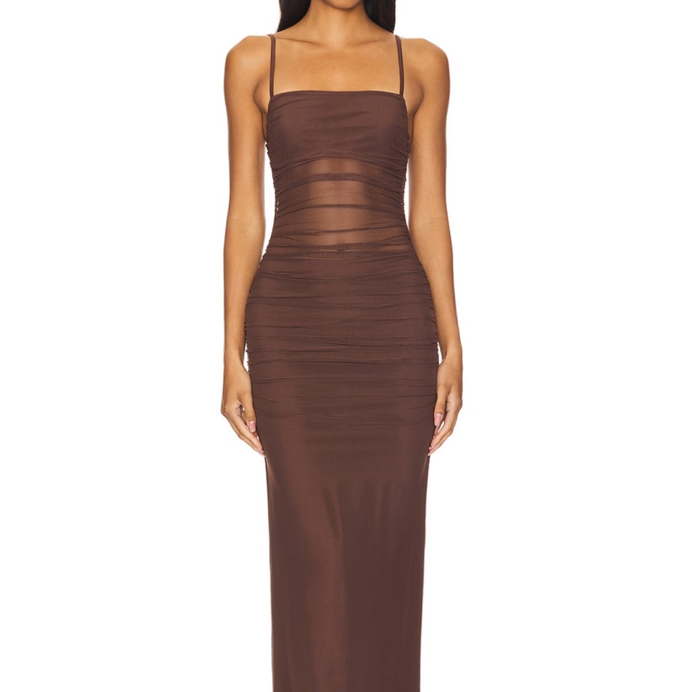Womenโs Brown Sheer Ruched Slip Dress